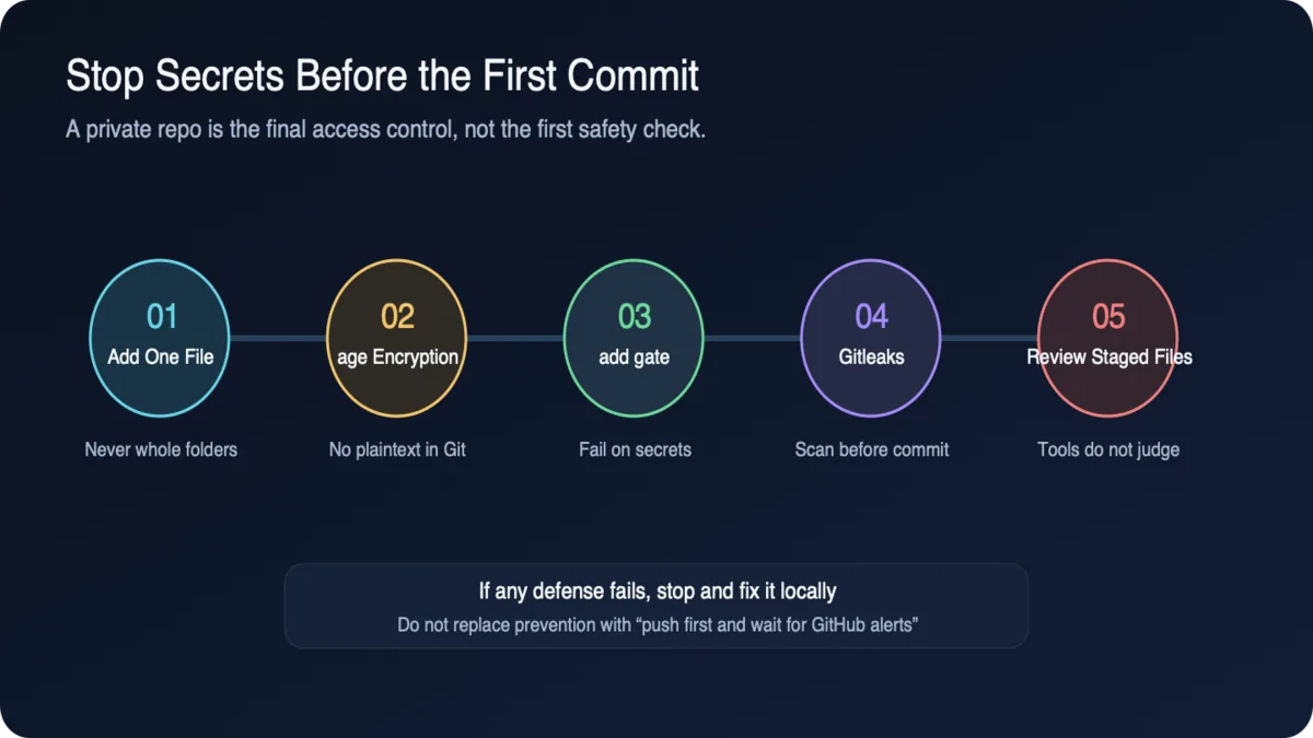Five layers of defense before plaintext reaches Git